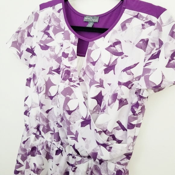 Market & Spruce Purple Floral Wrap Dress Short Sleeve Medium - Picture 3 of 7